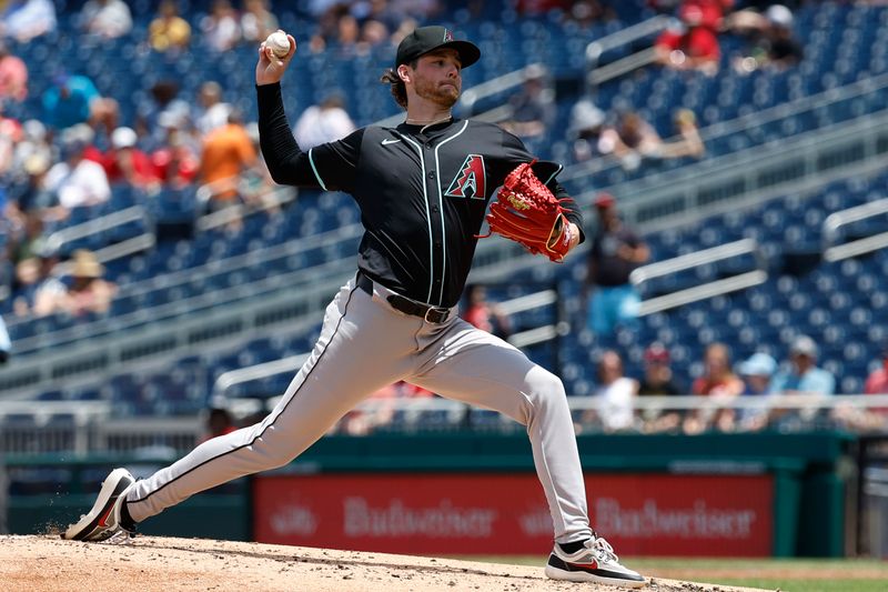 Jun 20, 2024; Washington, District of Columbia, USA; Arizona Diamondbacks starting pitcher Ryne Nelson (19) pitches against the Washington Nationals during the second inning at Nationals Park. Mandatory Credit: Geoff Burke-USA TODAY Sports