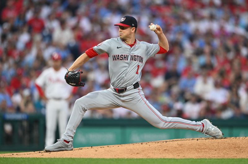 Aug 17, 2024; Philadelphia, Pennsylvania, USA; Washington Nationals starting pitcher MacKenzie Gore (1) throws a pitch against the Philadelphia Phillies in the first inning at Citizens Bank Park. Mandatory Credit: Kyle Ross-USA TODAY Sports