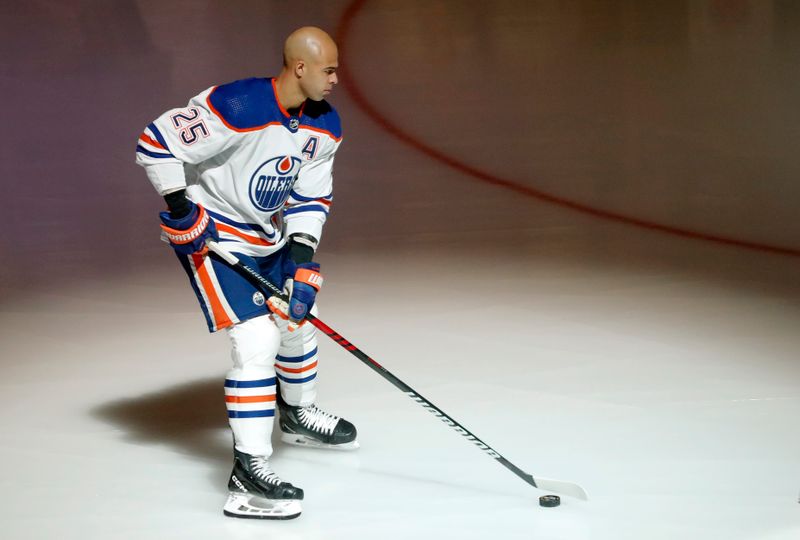 Feb 23, 2023; Pittsburgh, Pennsylvania, USA;  Edmonton Oilers defenseman Darnell Nurse (25) takes the ice to warm up before the game against the Pittsburgh Penguins at PPG Paints Arena. Mandatory Credit: Charles LeClaire-USA TODAY Sports