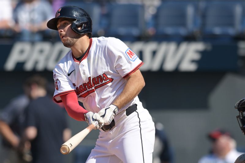 Apr 23, 2025; Cleveland, Ohio, USA; Cleveland Guardians third baseman Will Wilson (7) hits a single during the ninth inning against the New York Yankees at Progressive Field. Mandatory Credit: Ken Blaze-Imagn Images