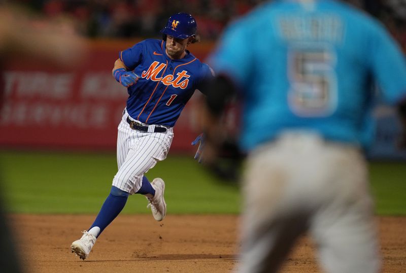 Feb 25, 2023; Port St. Lucie, Florida, USA;  New York Mets second baseman Jeff McNeil (1) rounds second base on a base hit in the third inning against the Miami Marlins at Clover Park. Mandatory Credit: Jim Rassol-USA TODAY Sports