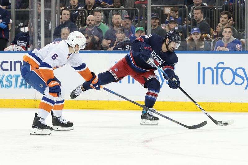 Mar 17, 2024; New York, New York, USA; New York Rangers left wing Chris Kreider (20) shoots the puck as New York Islanders defenseman Ryan Pulock (6) defends during the second period at Madison Square Garden. Mandatory Credit: Vincent Carchietta-USA TODAY Sports