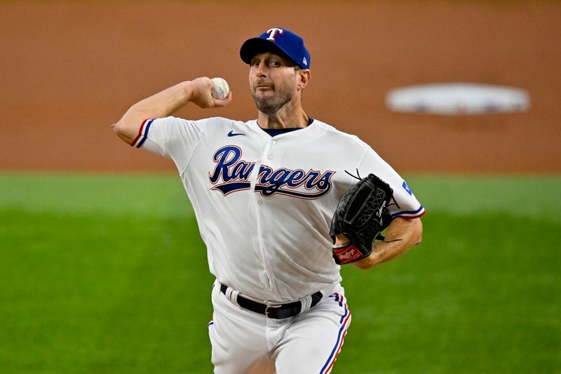 Aug 3, 2023; Arlington, Texas, USA; Texas Rangers starting pitcher Max Scherzer (31) pitches against the Chicago White Sox during the first inning at Globe Life Field. Mandatory Credit: Jerome Miron-USA TODAY Sports