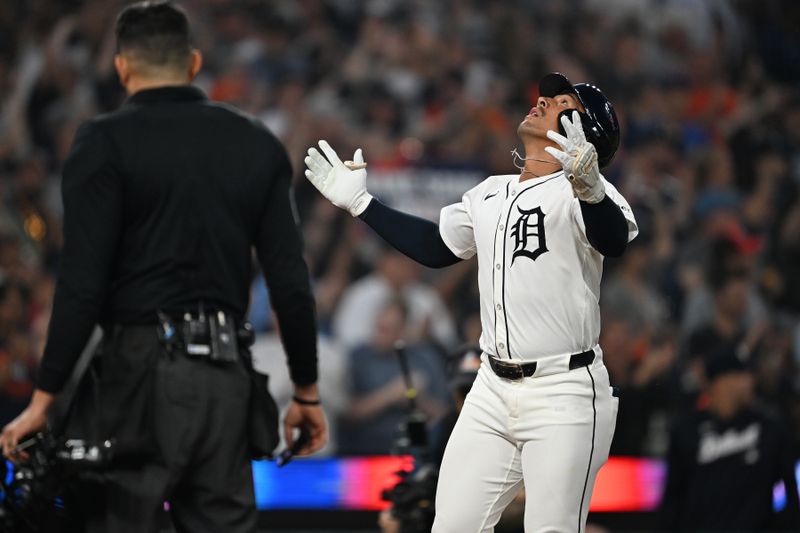 Jun 6, 2025; Detroit, Michigan, USA;  Detroit Tigers pinch hitter Jahmai Jones (18) celebrates after hitting a solo home run against the Chicago Cubs in the eighth inning at Comerica Park. Mandatory Credit: Lon Horwedel-Imagn Images