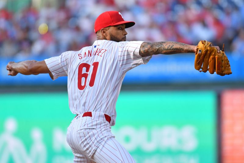 Jun 17, 2024; Philadelphia, Pennsylvania, USA; Philadelphia Phillies pitcher Cristopher Sánchez (61) throws a pitch during the first inning against the San Diego Padres at Citizens Bank Park. Mandatory Credit: Eric Hartline-USA TODAY Sports