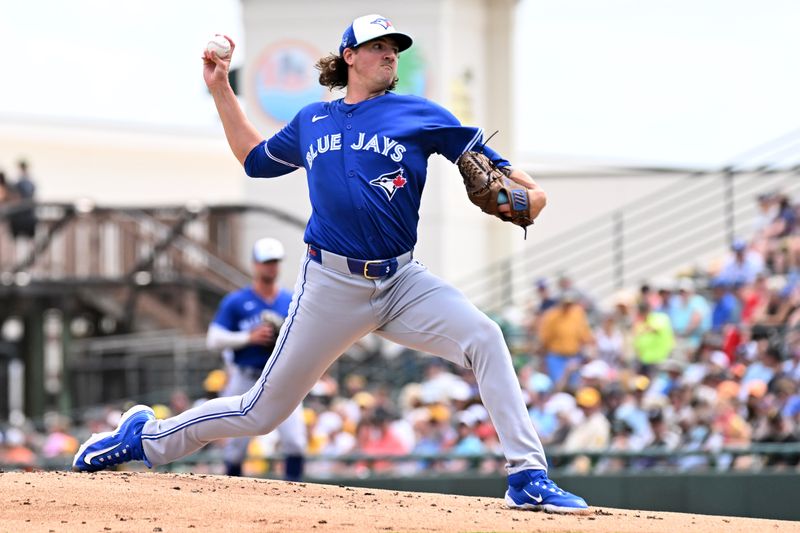 Mar 25, 2024; Bradenton, Florida, USA; Toronto Blue Jays starting pitcher Kevin Gausman (34) throws a pitch in the first inning of the spring training game against the Pittsburgh Pirates  at LECOM Park. Mandatory Credit: Jonathan Dyer-USA TODAY Sports