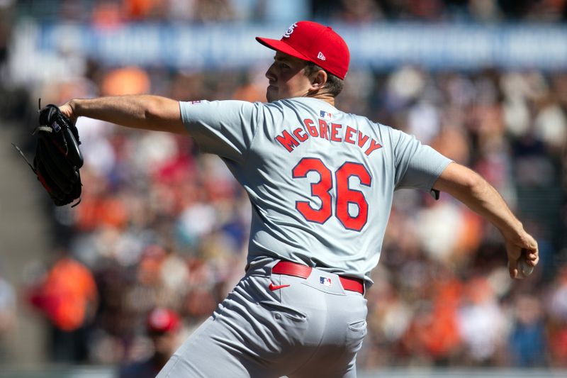 Sep 29, 2024; San Francisco, California, USA; St. Louis Cardinals starting pitcher Michael McGreevy (36) delivers a pitch against the San Francisco Giants during the second inning at Oracle Park. Mandatory Credit: D. Ross Cameron-Imagn Images