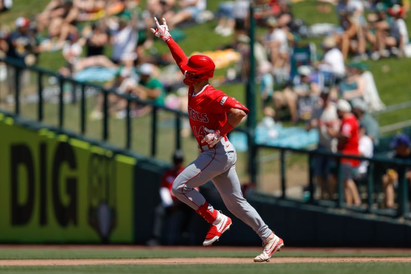 May 22, 2025; West Sacramento, California, USA; Los Angeles Angels catcher Logan O'Hoppe (14) runs the bases after hitting a one run home run during the seventh inning against the Athletics at Sutter Health Park. Mandatory Credit: Sergio Estrada-Imagn Images