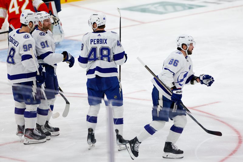 Feb 6, 2023; Sunrise, Florida, USA; Tampa Bay Lightning right wing Nikita Kucherov (86) looks on after scoring during the second period against the Florida Panthers at FLA Live Arena. Mandatory Credit: Sam Navarro-USA TODAY Sports