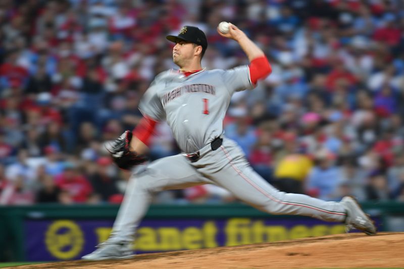 May 19, 2024; Philadelphia, Pennsylvania, USA; Washington Nationals pitcher MacKenzie Gore (1) throws a pitch during the fifth inning against the Philadelphia Phillies at Citizens Bank Park. Mandatory Credit: Eric Hartline-USA TODAY Sports