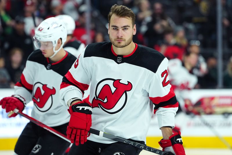 Mar 17, 2024; Las Vegas, Nevada, USA; New Jersey Devils right wing Timo Meier (28) warms up before a game against the Vegas Golden Knights at T-Mobile Arena. Mandatory Credit: Stephen R. Sylvanie-USA TODAY Sports