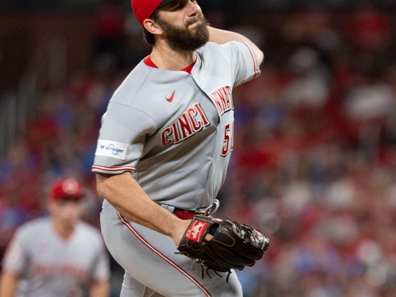 Sep 30, 2023; St. Louis, Missouri, USA; Cincinnati Reds relief pitcher Sam Moll (50) pitches against the St. Louis Cardinals in the sixth inning at Busch Stadium. Mandatory Credit: Zach Dalin-USA TODAY Sports