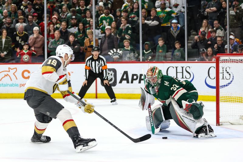 Apr 3, 2023; Saint Paul, Minnesota, USA; Vegas Golden Knights right wing Reilly Smith (19) scores the game winning goal against Minnesota Wild goaltender Filip Gustavsson (32) during the shootout at Xcel Energy Center. Mandatory Credit: Matt Krohn-USA TODAY Sports