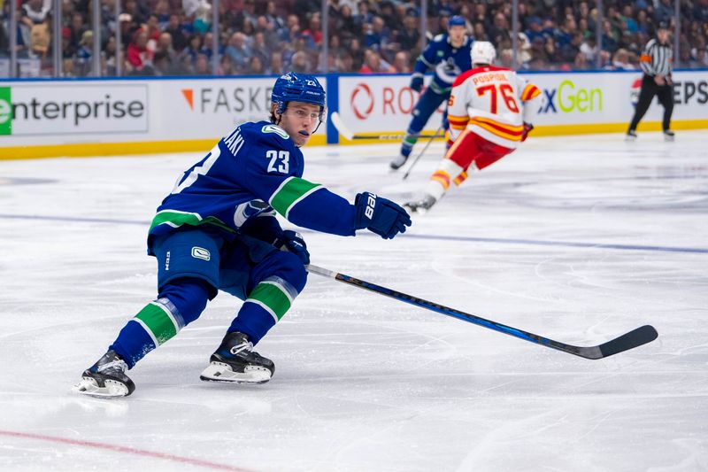 Nov 12, 2024; Vancouver, British Columbia, CAN; Vancouver Canucks forward Jonathan Lekkerimaki (23) skates against the Calgary Flames during the second period at Rogers Arena. Mandatory Credit: Bob Frid-Imagn Images