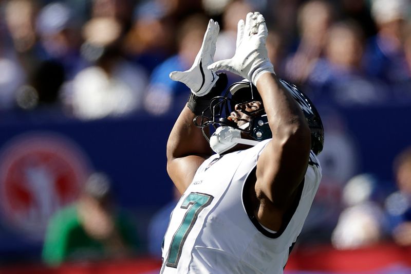 Philadelphia Eagles linebacker Nakobe Dean (17) reacts during an NFL football game against the New York Giants Sunday, Oct. 20, 2024, in East Rutherford, N.J. (AP Photo/Adam Hunger)