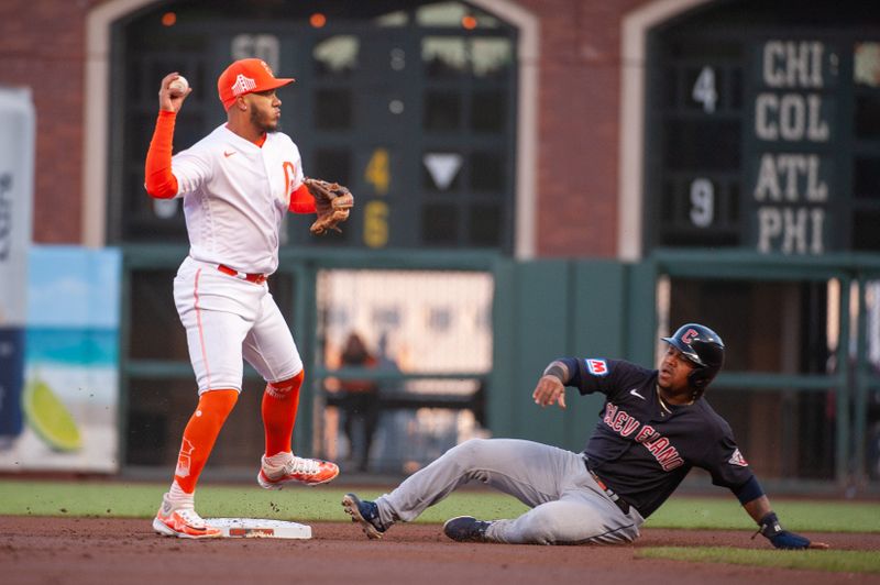 Sep 12, 2023; San Francisco, California, USA; San Francisco Giants second baseman Thairo Estrada (39) attempts to turn a double play during the first inning against the Cleveland Guardians at Oracle Park. Mandatory Credit: Ed Szczepanski-USA TODAY Sports