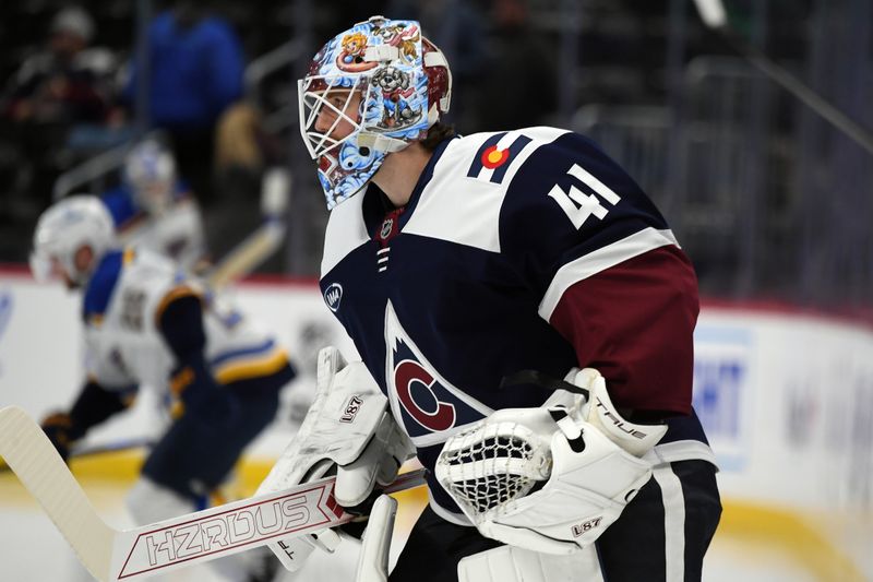 Jan 31, 2025; Denver, Colorado, USA; Colorado Avalanche goaltender Scott Wedgewood (41) takes the ice for warmups before the game against the St. Louis Blues at Ball Arena. Mandatory Credit: Christopher Hanewinckel-Imagn Images