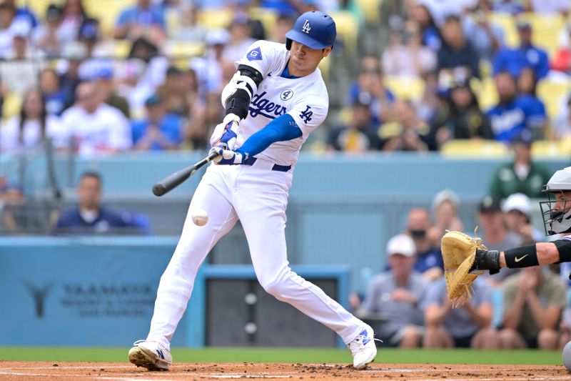 Jun 2, 2024; Los Angeles, California, USA;  Los Angeles Dodgers designated hitter Shohei Ohtani (17) at bat in the first inning against the Colorado Rockies at Dodger Stadium. Mandatory Credit: Jayne Kamin-Oncea-USA TODAY Sports