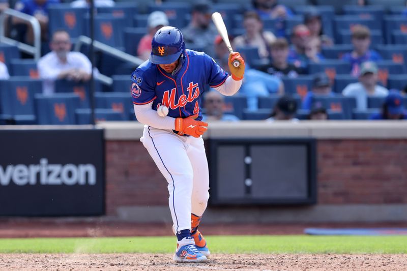 Aug 15, 2024; New York City, New York, USA; New York Mets pinch hitter Francisco Alvarez (4) runs into his own ground ball and is called out during the seventh inning against the Oakland Athletics at Citi Field. Mandatory Credit: Brad Penner-USA TODAY Sports