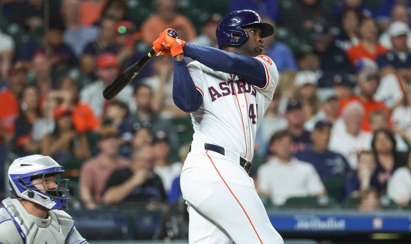 Apr 3, 2024; Houston, Texas, USA; Houston Astros left fielder Yordan Alvarez (44) hits a home run during the third inning against the Toronto Blue Jays at Minute Maid Park. Mandatory Credit: Troy Taormina-USA TODAY Sports