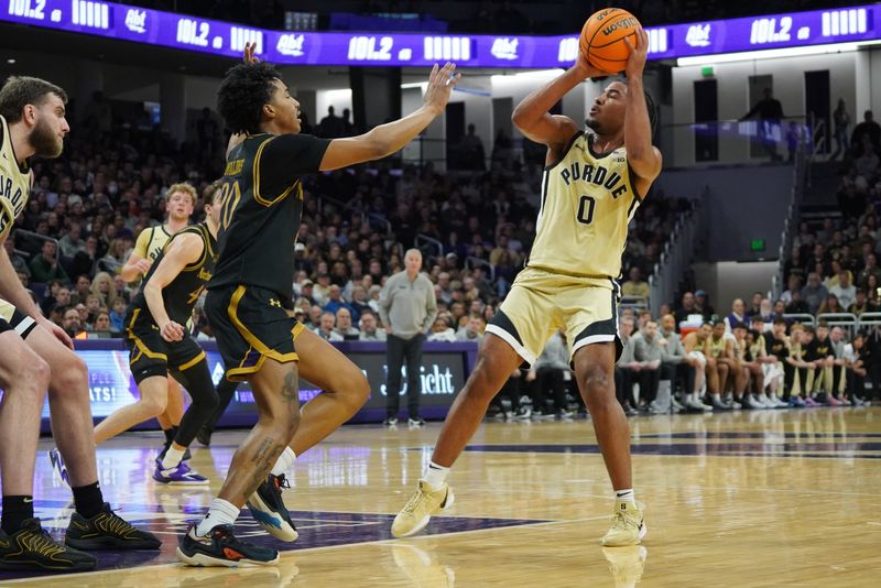 Mar 4, 2026; Evanston, Illinois, USA; Purdue Boilermakers guard C.J. Cox (0) shoots the ball over Northwestern Wildcats guard Justin Mullins (20) during the first half at Welsh-Ryan Arena. Mandatory Credit: David Banks-Imagn Images