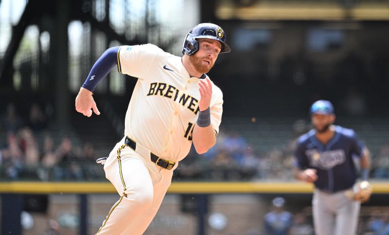 May 1, 2024; Milwaukee, Wisconsin, USA; Milwaukee Brewers third base Oliver Dunn (15) rounds second and scores against the Tampa Bay Rays in the third inning at American Family Field. Mandatory Credit: Michael McLoone-USA TODAY Sports