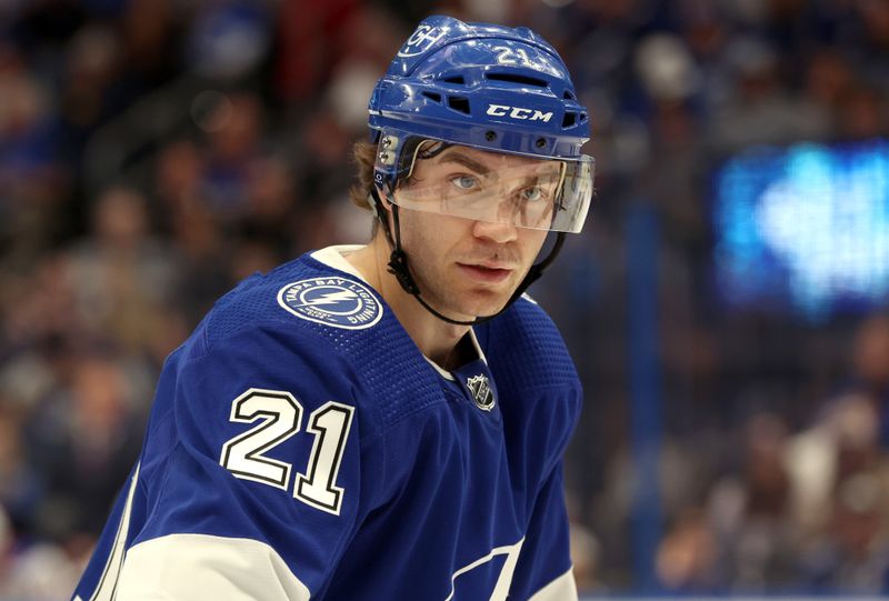 Mar 14, 2024; Tampa, Florida, USA; Tampa Bay Lightning center Brayden Point (21) looks on against the New York Rangers during the third period at Amalie Arena. Mandatory Credit: Kim Klement Neitzel-USA TODAY Sports