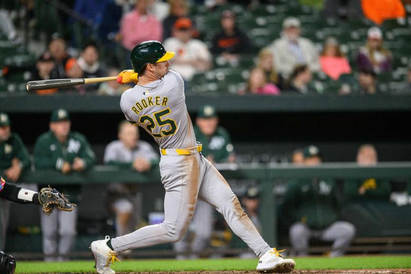 Apr 26, 2024; Baltimore, Maryland, USA; Oakland Athletics outfielder Brent Rooker (25) hits a double during the tenth inning against the Baltimore Orioles at Oriole Park at Camden Yards. Mandatory Credit: Reggie Hildred-USA TODAY Sports