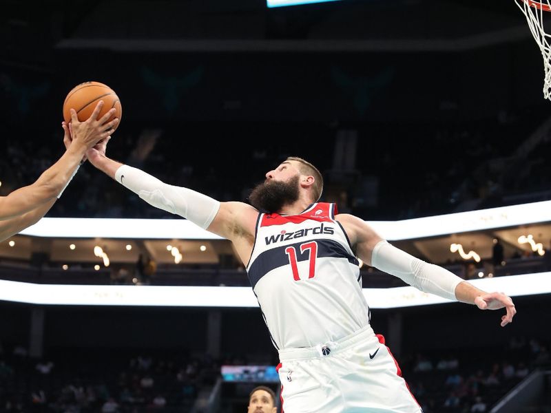 CHARLOTTE, NC - FEBRUARY 3: Jonas Valanciunas #17 of the Washington Wizards rebounds during the game against the Charlotte Hornets on February 3, 2025 at Spectrum Center in Charlotte, North Carolina. NOTE TO USER: User expressly acknowledges and agrees that, by downloading and or using this photograph, User is consenting to the terms and conditions of the Getty Images License Agreement. Mandatory Copyright Notice: Copyright 2025 NBAE(Photo by Brock Williams-Smith/NBAE via Getty Images)