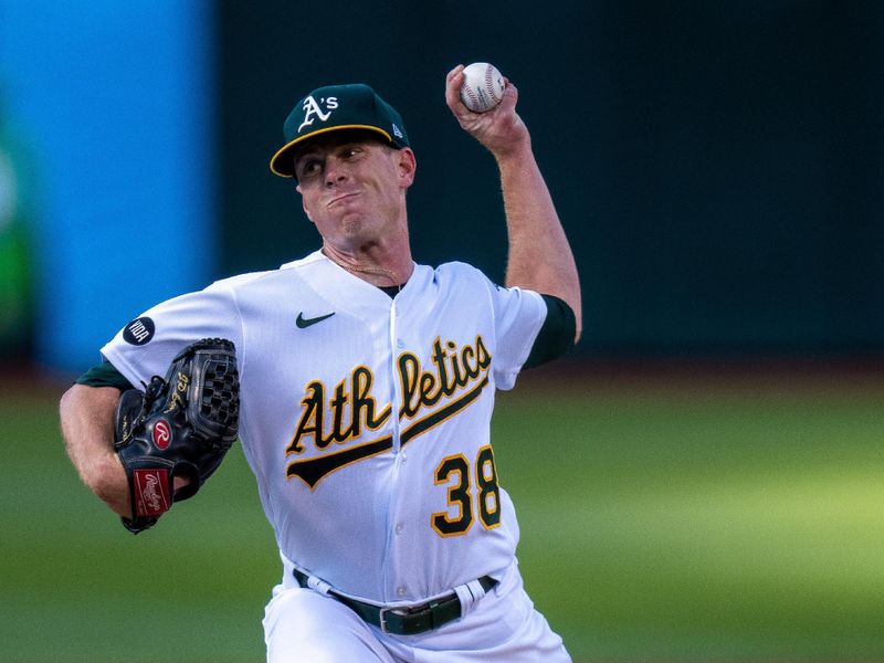 May 30, 2023; Oakland, California, USA;  Oakland Athletics starting pitcher JP Sears (38) delivers a pitch against the Atlanta Braves during the first inning at Oakland-Alameda County Coliseum. Mandatory Credit: Neville E. Guard-USA TODAY Sports