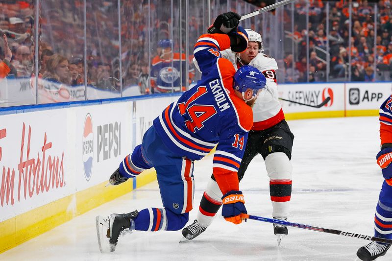 Jan 6, 2024; Edmonton, Alberta, CAN; Ottawa Senators forward Vladimir Tarasenko (91) checks Edmonton Oilers defensemen Mattias Ekholm (14) during the second period at Rogers Place. Mandatory Credit: Perry Nelson-USA TODAY Sports