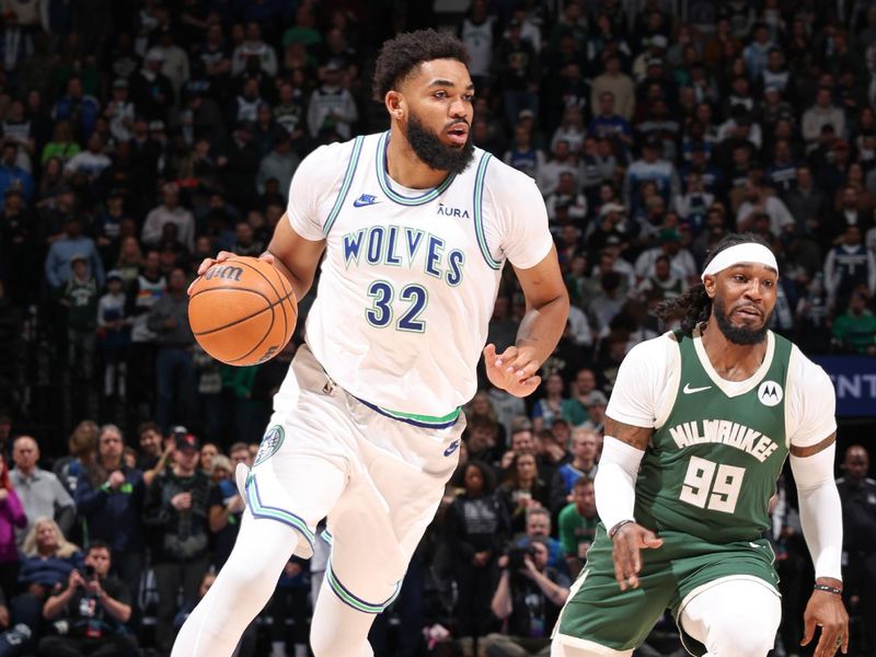 MINNEAPOLIS, MN -  FEBRUARY 23: Karl-Anthony Towns #32 of the Minnesota Timberwolves goes to the basket during the game on February 23, 2024 at Target Center in Minneapolis, Minnesota. NOTE TO USER: User expressly acknowledges and agrees that, by downloading and or using this Photograph, user is consenting to the terms and conditions of the Getty Images License Agreement. Mandatory Copyright Notice: Copyright 2024 NBAE (Photo by David Sherman/NBAE via Getty Images)