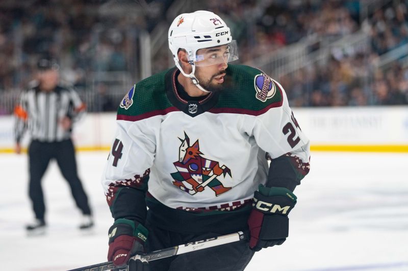 Dec 21, 2023; San Jose, California, USA; Arizona Coyotes defenseman Matt Dumba (24) during the first period against the San Jose Sharks at SAP Center at San Jose. Mandatory Credit: Stan Szeto-USA TODAY Sports