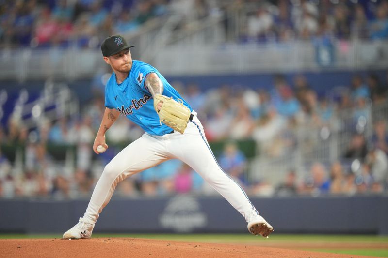 Aug 25, 2024; Miami, Florida, USA;  Miami Marlins starting pitcher Adam Oller (77) pitches in the first inning against the Chicago Cubs at loanDepot Park. Mandatory Credit: Jim Rassol-USA TODAY Sports