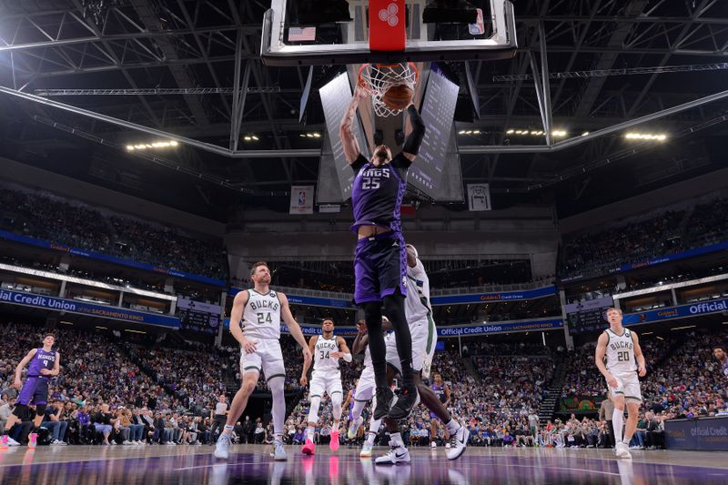 SACRAMENTO, CA - MARCH 12: Alex Len #25 of the Sacramento Kings dunks the ball during the game against the Milwaukee Bucks on March 12, 2024 at Golden 1 Center in Sacramento, California. NOTE TO USER: User expressly acknowledges and agrees that, by downloading and or using this Photograph, user is consenting to the terms and conditions of the Getty Images License Agreement. Mandatory Copyright Notice: Copyright 2024 NBAE (Photo by Rocky Widner/NBAE via Getty Images)