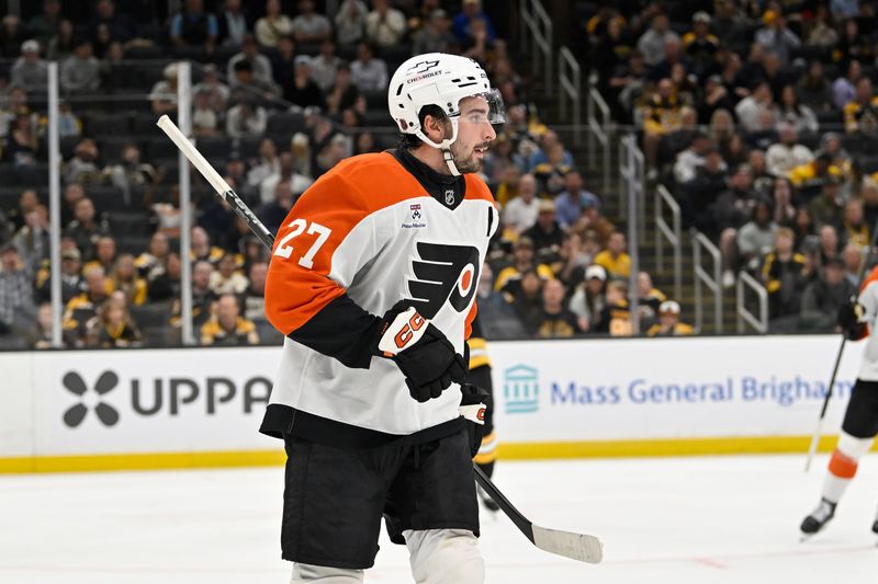 Sep 29, 2025; Boston, Massachusetts, USA;  Philadelphia Flyers left wing Noah Cates (27) reacts to his goal against the Boston Bruins during the second period at TD Garden. Mandatory Credit: Eric Canha-Imagn Images