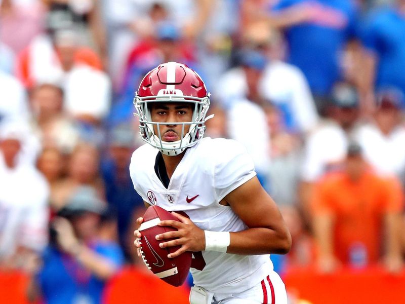 Sep 18, 2021; Gainesville, Florida, USA; Alabama Crimson Tide quarterback Bryce Young (9) throws a pass during the first quarter against the Florida Gators at Ben Hill Griffin Stadium. Mandatory Credit: Mark J. Rebilas-USA TODAY Sports