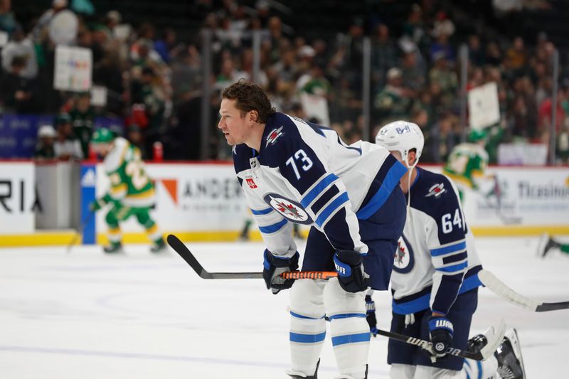 Apr 6, 2024; Saint Paul, Minnesota, USA; Winnipeg Jets right wing Tyler Toffoli (73) warms up before a game against the Minnesota Wild at Xcel Energy Center. Mandatory Credit: Bruce Fedyck-USA TODAY Sports