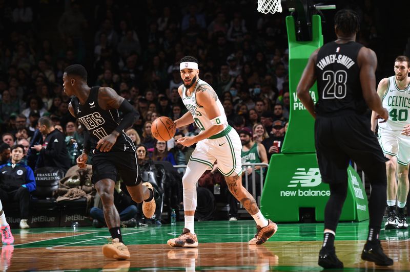 BOSTON, MA - FEBRUARY 14: Jayson Tatum #0 of the Boston Celtics handles the ball during the game against the Brooklyn Nets on February 14, 2024 at the TD Garden in Boston, Massachusetts. NOTE TO USER: User expressly acknowledges and agrees that, by downloading and or using this photograph, User is consenting to the terms and conditions of the Getty Images License Agreement. Mandatory Copyright Notice: Copyright 2024 NBAE  (Photo by Brian Babineau/NBAE via Getty Images)