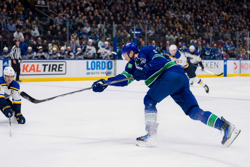 Jan 24, 2024; Vancouver, British Columbia, CAN; Vancouver Canucks defenseman Tyler Myers (57) shoots against the St. Louis Blues in the third period at Rogers Arena. Blues 4-3 in overtime. Mandatory Credit: Bob Frid-USA TODAY Sports