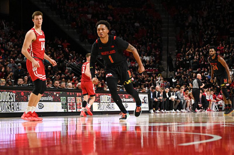 Jan 25, 2023; College Park, Maryland, USA;  Maryland Terrapins guard Jahmir Young (1) reacts after scoring during the second half against the Wisconsin Badger at Xfinity Center. Mandatory Credit: Tommy Gilligan-USA TODAY Sports