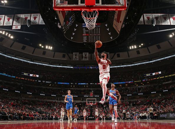 CHICAGO, IL - OCTOBER 25: Coby White #0 of the Chicago Bulls takes a shot during the game against the Oklahoma City Thunder on October 25, 2023 at United Center in Chicago, Illinois. NOTE TO USER: User expressly acknowledges and agrees that, by downloading and or using this photograph, User is consenting to the terms and conditions of the Getty Images License Agreement. Mandatory Copyright Notice: Copyright 2023 NBAE (Photo by Gary Dineen/NBAE via Getty Images)