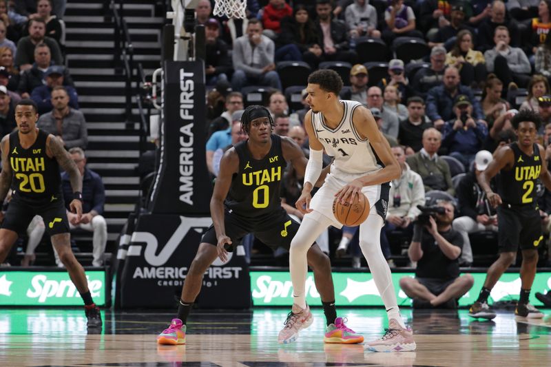 SALT LAKE CITY, UT - MARCH 27: Victor Wembanyama #1 of the San Antonio Spurs dribbles the ball during the game against the Utah Jazz on March 27, 2024 at Delta Center in Salt Lake City, Utah. NOTE TO USER: User expressly acknowledges and agrees that, by downloading and or using this Photograph, User is consenting to the terms and conditions of the Getty Images License Agreement. Mandatory Copyright Notice: Copyright 2024 NBAE (Photo by Chris Nicoll/NBAE via Getty Images)