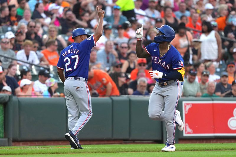 Jun 27, 2024; Baltimore, Maryland, USA; Texas Rangers outfielder Adolis Garcia (right) greeted by coach Tony Beasley (27) following his solo home run in the fourth inning against the Baltimore Orioles at Oriole Park at Camden Yards. Mandatory Credit: Mitch Stringer-USA TODAY Sports
