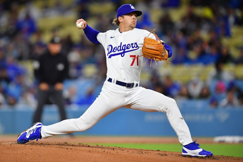 Apr 13, 2024; Los Angeles, California, USA; Los Angeles Dodgers pitcher Gavin Stone (71) throws against the San Diego Padres during the second inning at Dodger Stadium. Mandatory Credit: Gary A. Vasquez-USA TODAY Sports