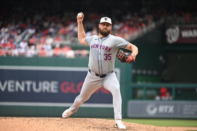 Jul 4, 2024; Washington, District of Columbia, USA; New York Mets relief pitcher Adrian Houser (35) throws a pitch against the Washington Nationals during the eighth inning at Nationals Park. Mandatory Credit: Rafael Suanes-USA TODAY Sports