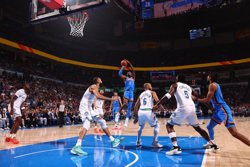 OKLAHOMA CITY, OK - JANUARY 29: Shai Gilgeous-Alexander #2 of the Oklahoma City Thunder shoots the ball during the game against the Minnesota Timberwolves on January 29, 2024 at Paycom Arena in Oklahoma City, Oklahoma. NOTE TO USER: User expressly acknowledges and agrees that, by downloading and or using this photograph, User is consenting to the terms and conditions of the Getty Images License Agreement. Mandatory Copyright Notice: Copyright 2024 NBAE (Photo by Zach Beeker/NBAE via Getty Images)