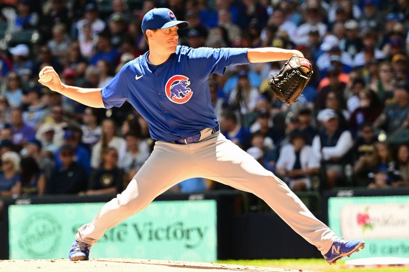 Jun 30, 2024; Milwaukee, Wisconsin, USA; Chicago Cubs starting pitcher Kyle Hendricks (28) throws a pitch against the Milwaukee Brewers in the first inning at American Family Field. Mandatory Credit: Benny Sieu-USA TODAY Sports
