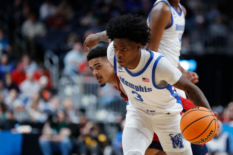 Mar 17, 2023; Columbus, OH, USA; Memphis Tigers guard Kendric Davis (3) dribbles the ball in the second half against the Florida Atlantic Owls at Nationwide Arena. Mandatory Credit: Joseph Maiorana-USA TODAY Sports