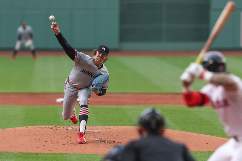May 4, 2025; Boston, Massachusetts, USA; Minnesota Twins starting pitcher Chris Paddack (20) delivers a pitch during the first inning against the Boston Red Sox at Fenway Park. Mandatory Credit: Paul Rutherford-Imagn Images